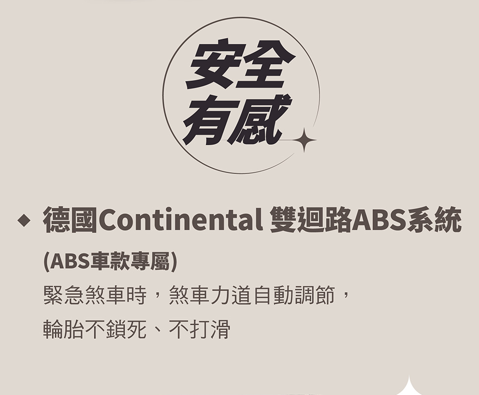 MANY LED 125 安全有感，搭載德國 Continental 雙迴路 ABS 系統，緊急煞車時煞車力道自動調節。